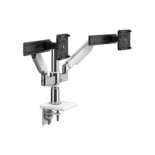 M/Flex With M2.1 Monitor Arms And Slider (2), Dual Arm Bracket, Two-Piece Clamp Mount, Polished Aluminium With White Trim